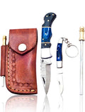 Handmade Damascus Pocket Knife – Wooden Handle with Leather Sheath & Keychain