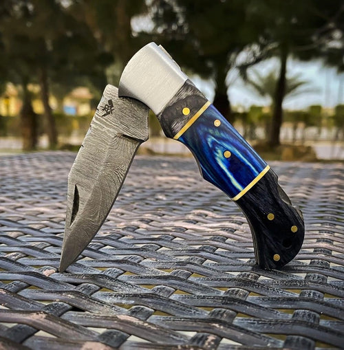 Handmade Damascus Pocket Knife – Wooden Handle with Leather Sheath & Keychain