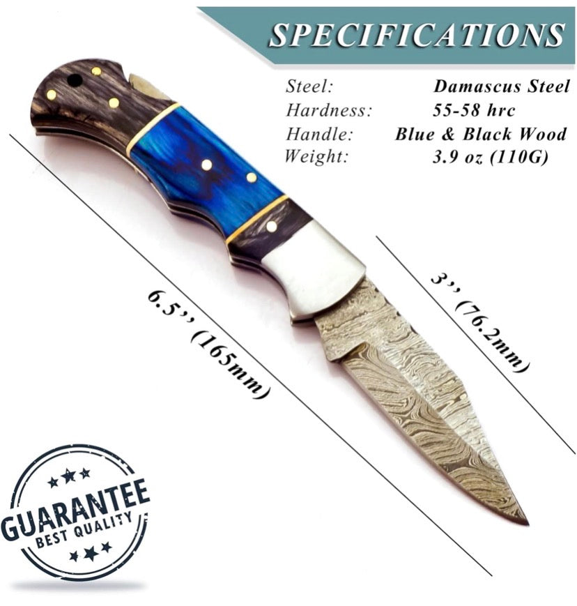 Handmade Damascus Pocket Knife – Wooden Handle with Leather Sheath & Keychain