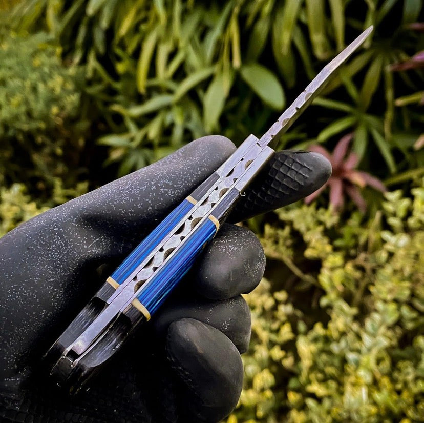 Handmade Damascus Pocket Knife – Wooden Handle with Leather Sheath & Keychain