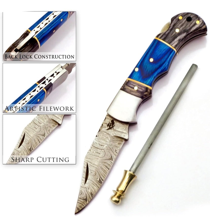 Handmade Damascus Pocket Knife – Wooden Handle with Leather Sheath & Keychain