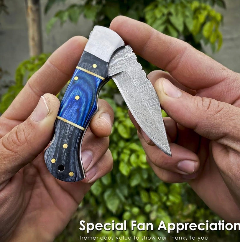 Handmade Damascus Pocket Knife – Wooden Handle with Leather Sheath & Keychain