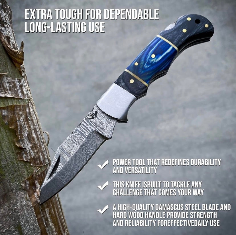 Handmade Damascus Pocket Knife – Wooden Handle with Leather Sheath & Keychain