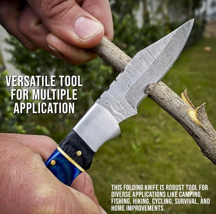 Handmade Damascus Pocket Knife – Wooden Handle with Leather Sheath & Keychain