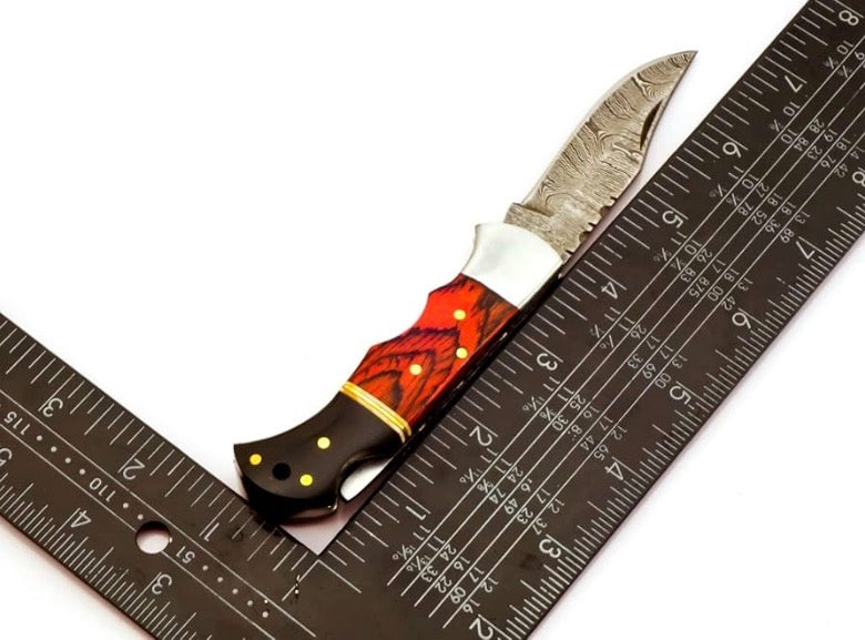 Handmade Damascus Pocket Knife – Buffalo Horn & Wood Handle with Leather Sheath