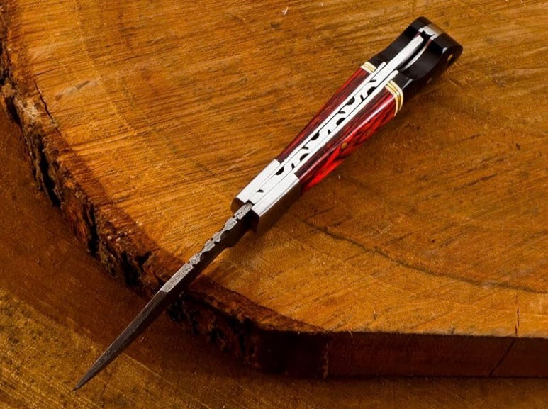 Handmade Damascus Pocket Knife – Buffalo Horn & Wood Handle with Leather Sheath
