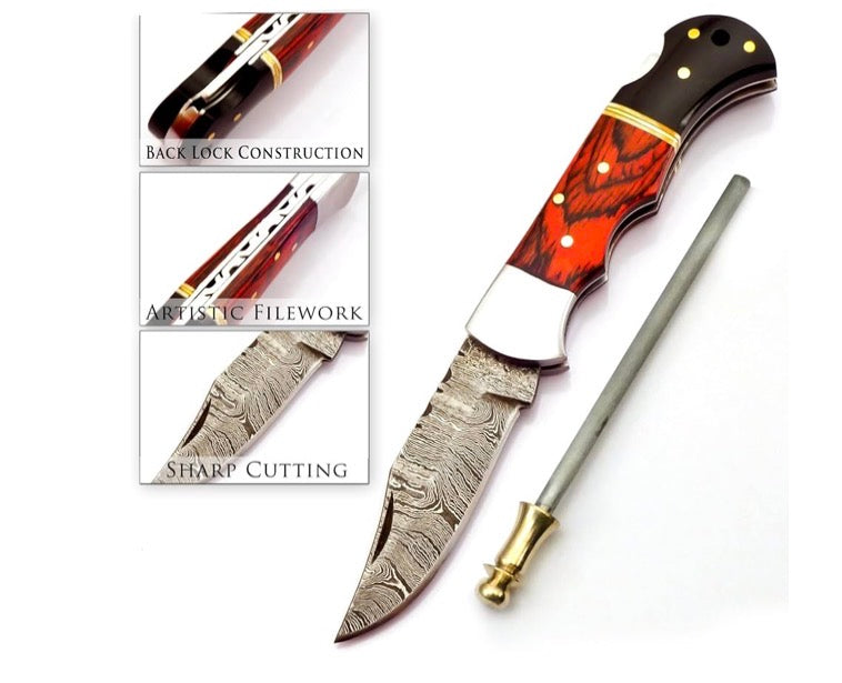 Handmade Damascus Pocket Knife – Buffalo Horn & Wood Handle with Leather Sheath